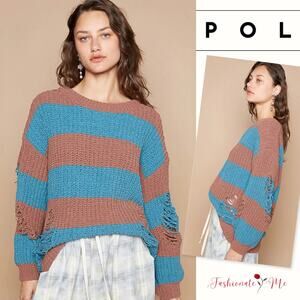 POL Striped Pattern Distressed Balloon Sleeves Pullover Sweater | Choco/Teal